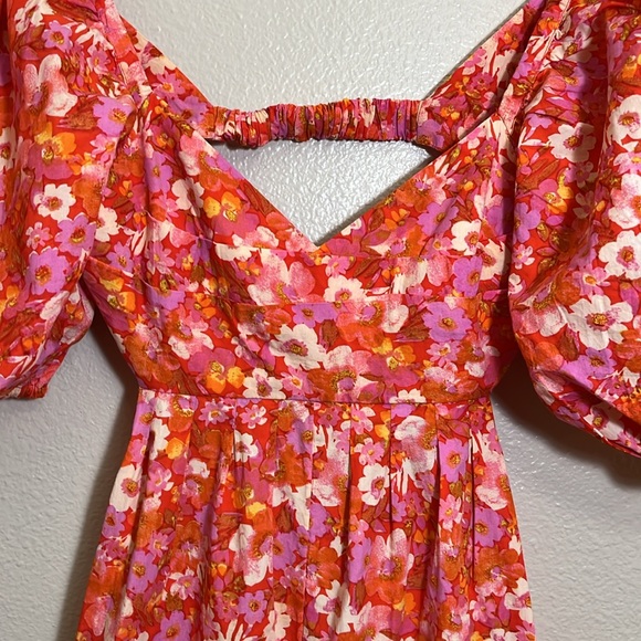 NWT Free People Amy Red Pink Floral Puff Sleeve Open Back Romper Jumpsuit - Picture 6 of 15